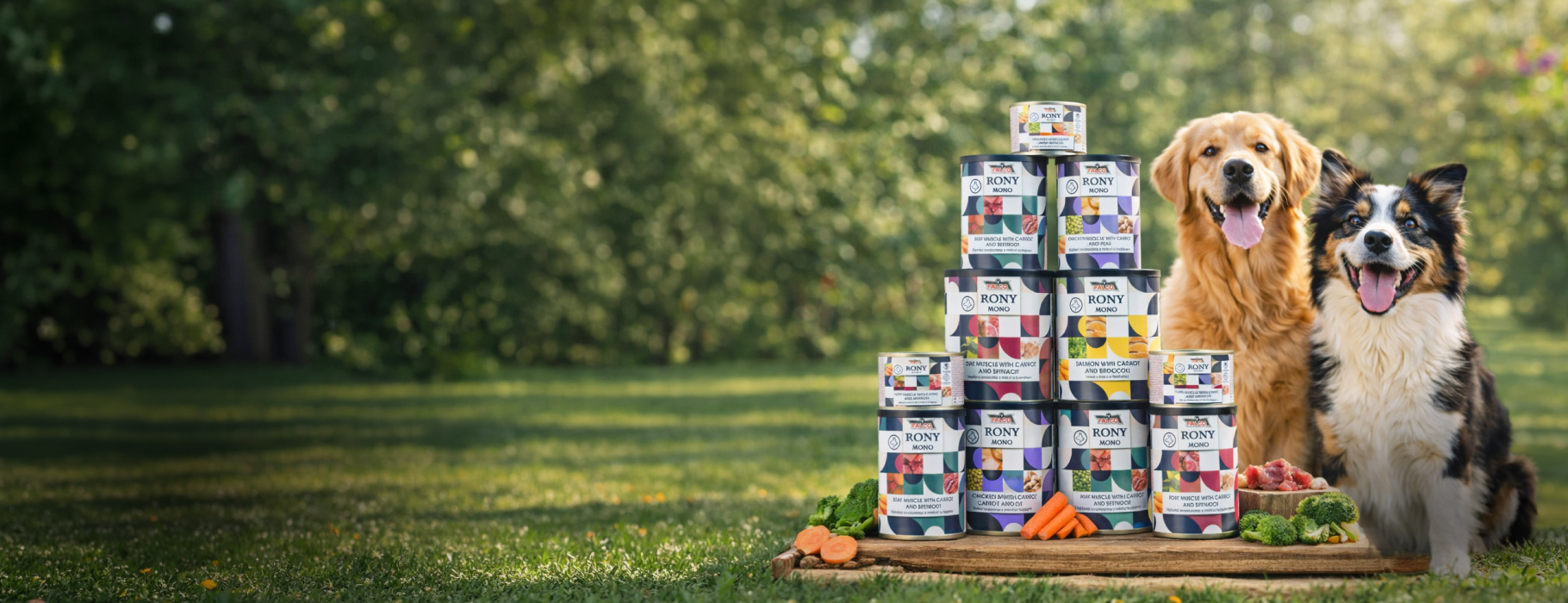 Dva psi s hromadou RONY MONO konzerv na trávě